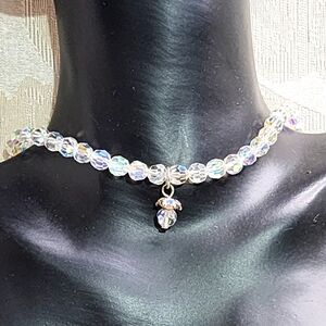 Vintage Signed DB Aurora Borealis Silver Choker Necklace with Teardrop Pendant